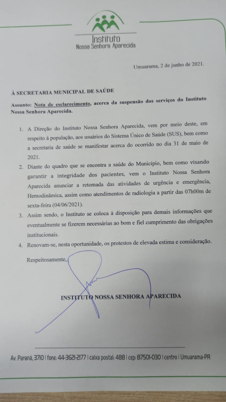 Nota enviada pelo Nossa Senhora à Secretaria de Saúde